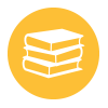 White stacked books icon on yellow circle background