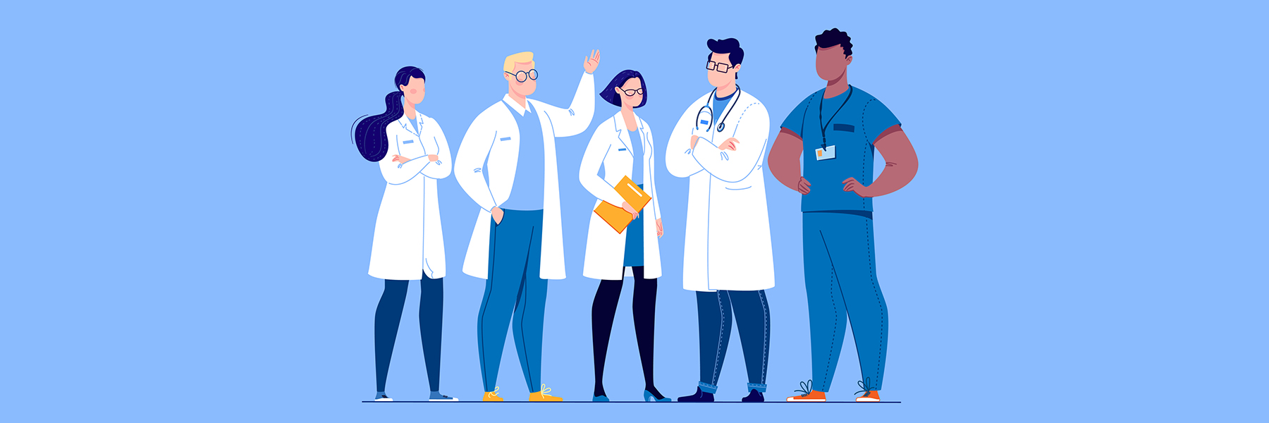 An illustration of a group of hospital workers. They're wearing lab coats.