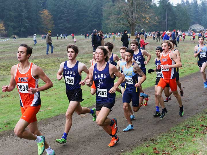 Men's cross country team running with the group